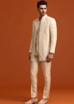 Beige Silk Indo Western And Kurta Set With Zardozi Work