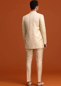 Beige Silk Indo Western And Kurta Set With Zardozi Work