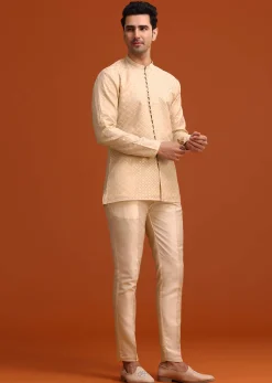 Beige Silk Indo Western And Kurta Set With Zardozi Work