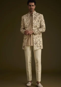 Beige Silk Indowestern Suit With Floral Zardosi Embroidery
