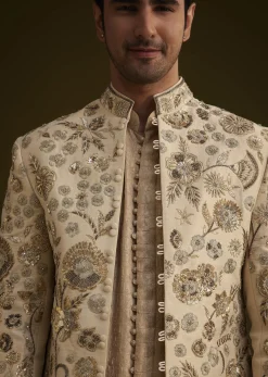 Beige Silk Indowestern Suit With Floral Zardosi Embroidery
