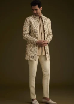 Beige Silk Indowestern Suit With Floral Zardosi Embroidery