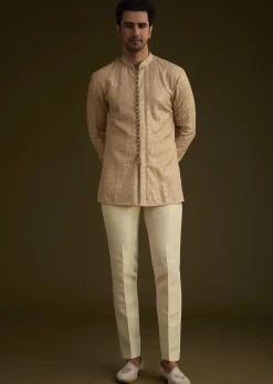 Beige Silk Indowestern Suit With Floral Zardosi Embroidery