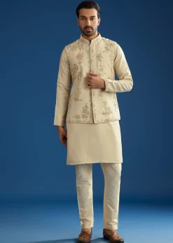 Beige Silk Kurta Jacket Set With Cutdana Work