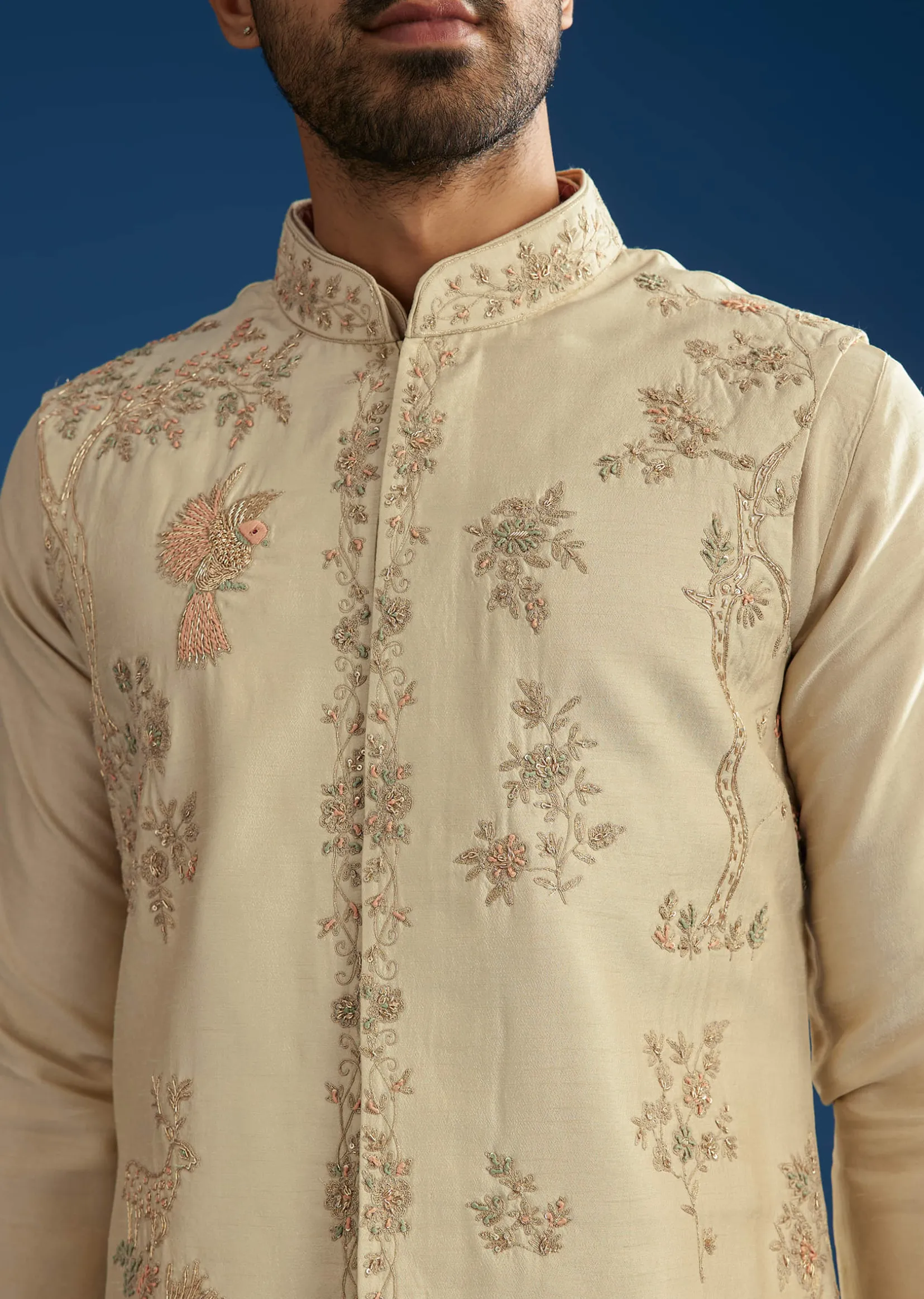 Beige Silk Kurta Jacket Set With Cutdana Work