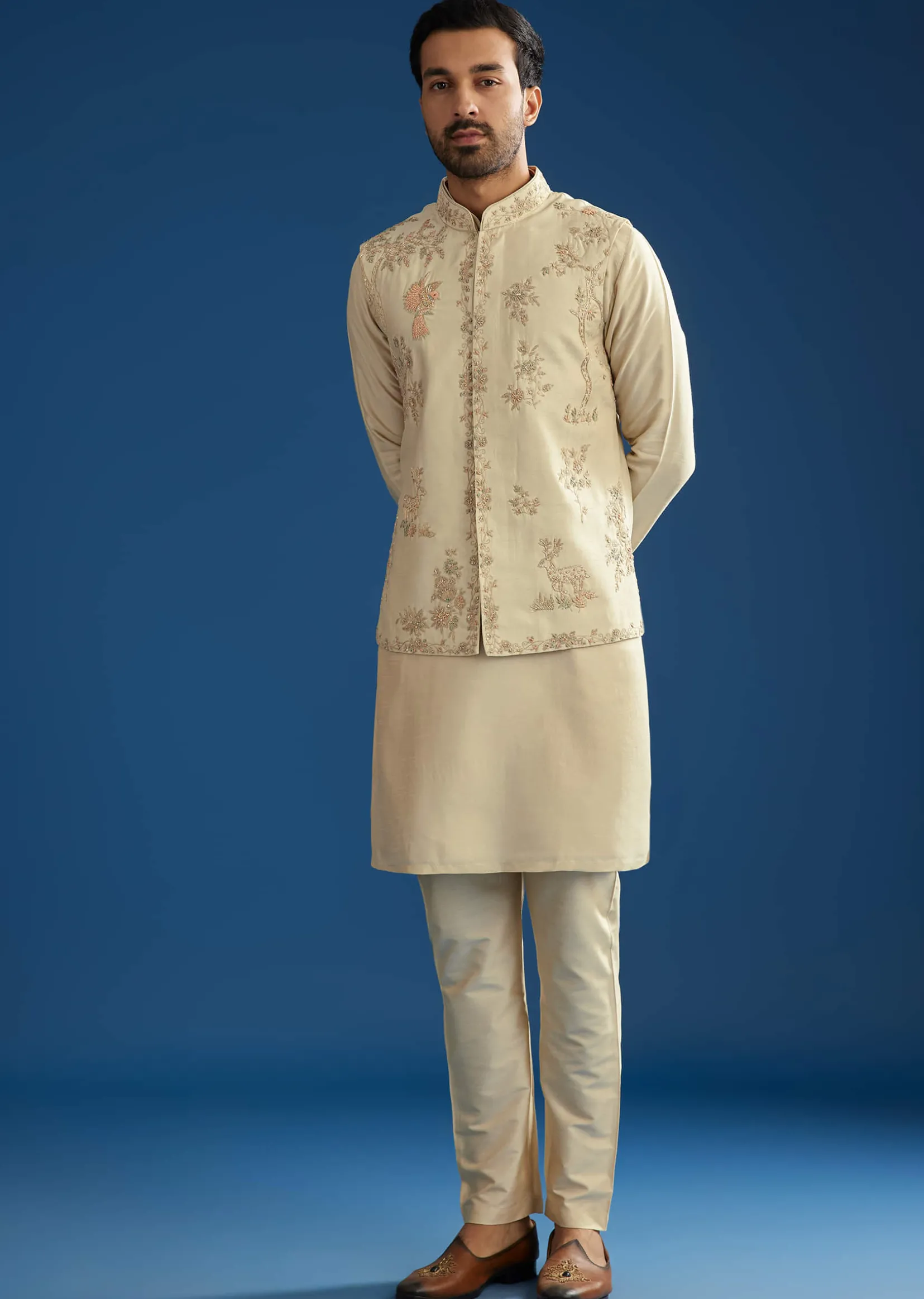 Beige Silk Kurta Jacket Set With Cutdana Work