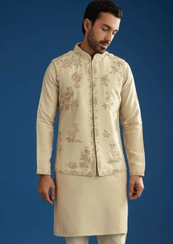 Beige Silk Kurta Jacket Set With Cutdana Work