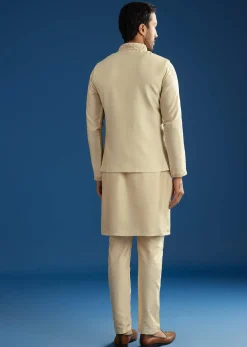 Beige Silk Kurta Jacket Set With Cutdana Work