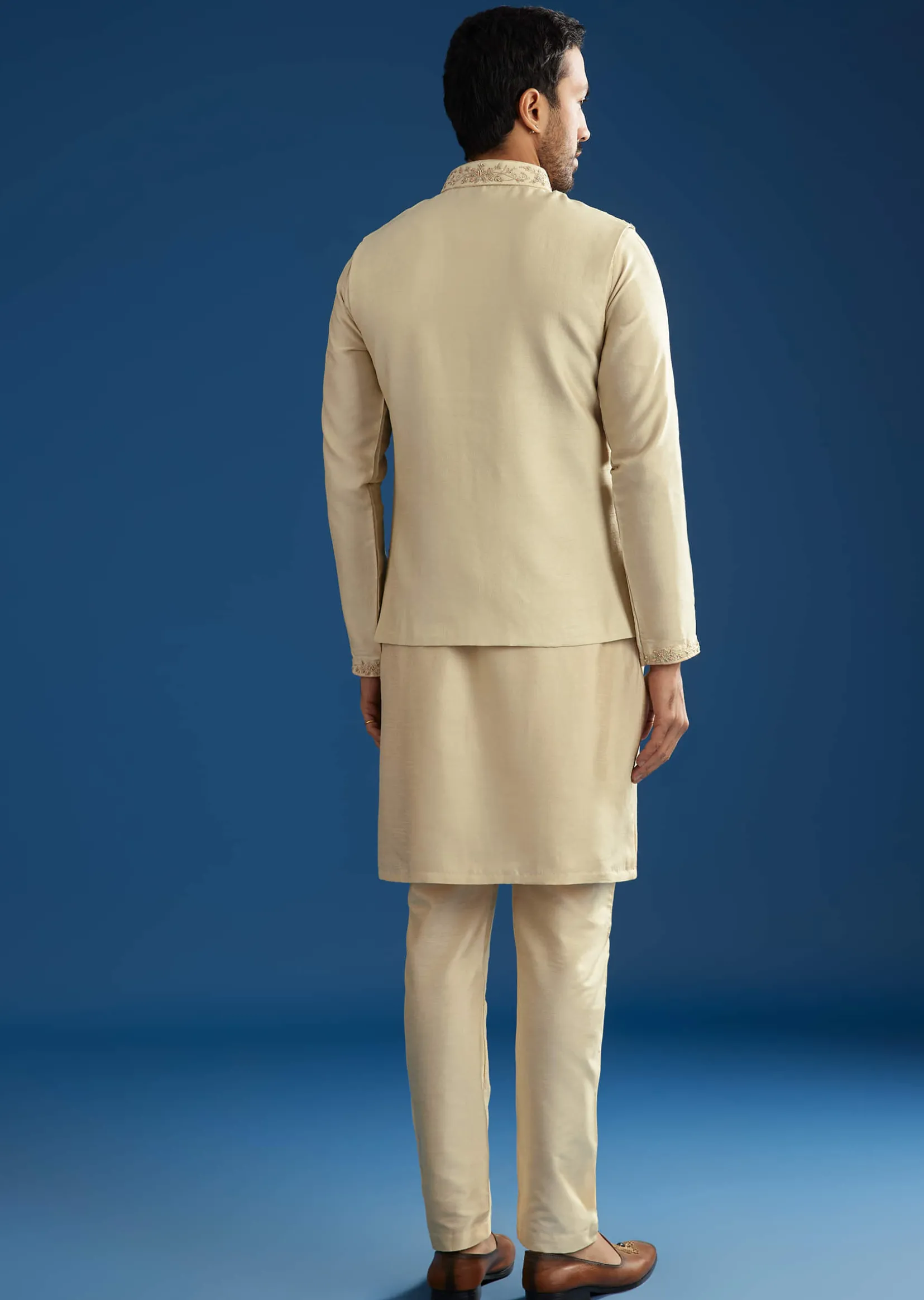 Beige Silk Kurta Jacket Set With Cutdana Work