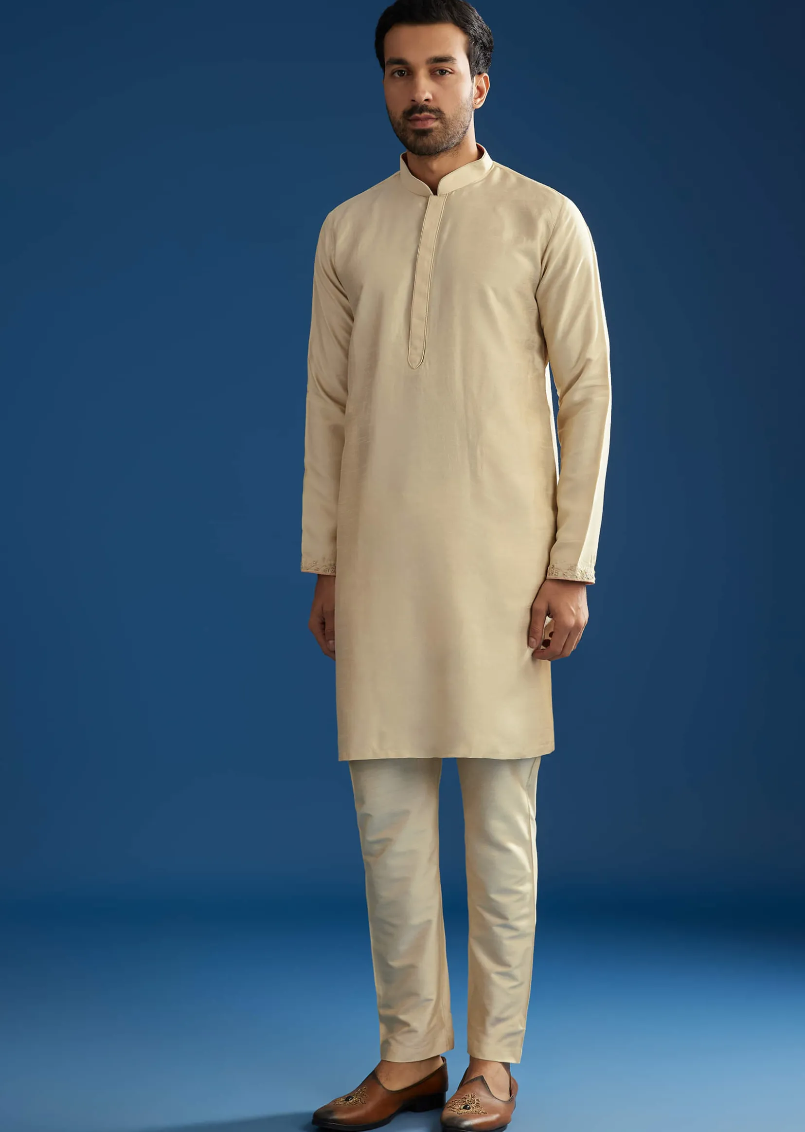 Beige Silk Kurta Jacket Set With Cutdana Work