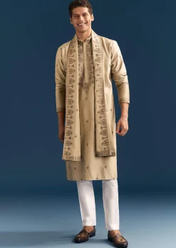 Beige Silk Kurta Set For Men With Thread Embroidery