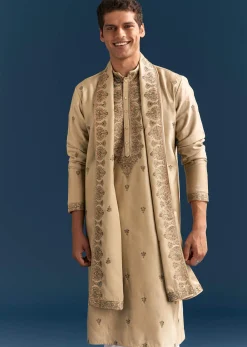 Beige Silk Kurta Set For Men With Thread Embroidery