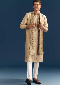 Beige Silk Kurta Set For Men With Thread Embroidery