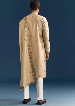 Beige Silk Kurta Set For Men With Thread Embroidery