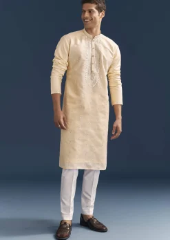 Beige Silk Kurta Set For Men With Thread And Mirror Embroidery