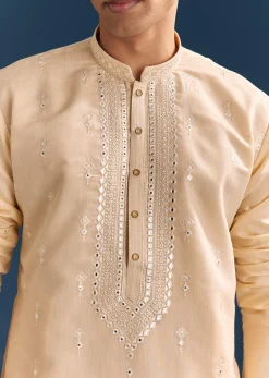 Beige Silk Kurta Set For Men With Thread And Mirror Embroidery