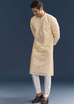Beige Silk Kurta Set For Men With Thread And Mirror Embroidery