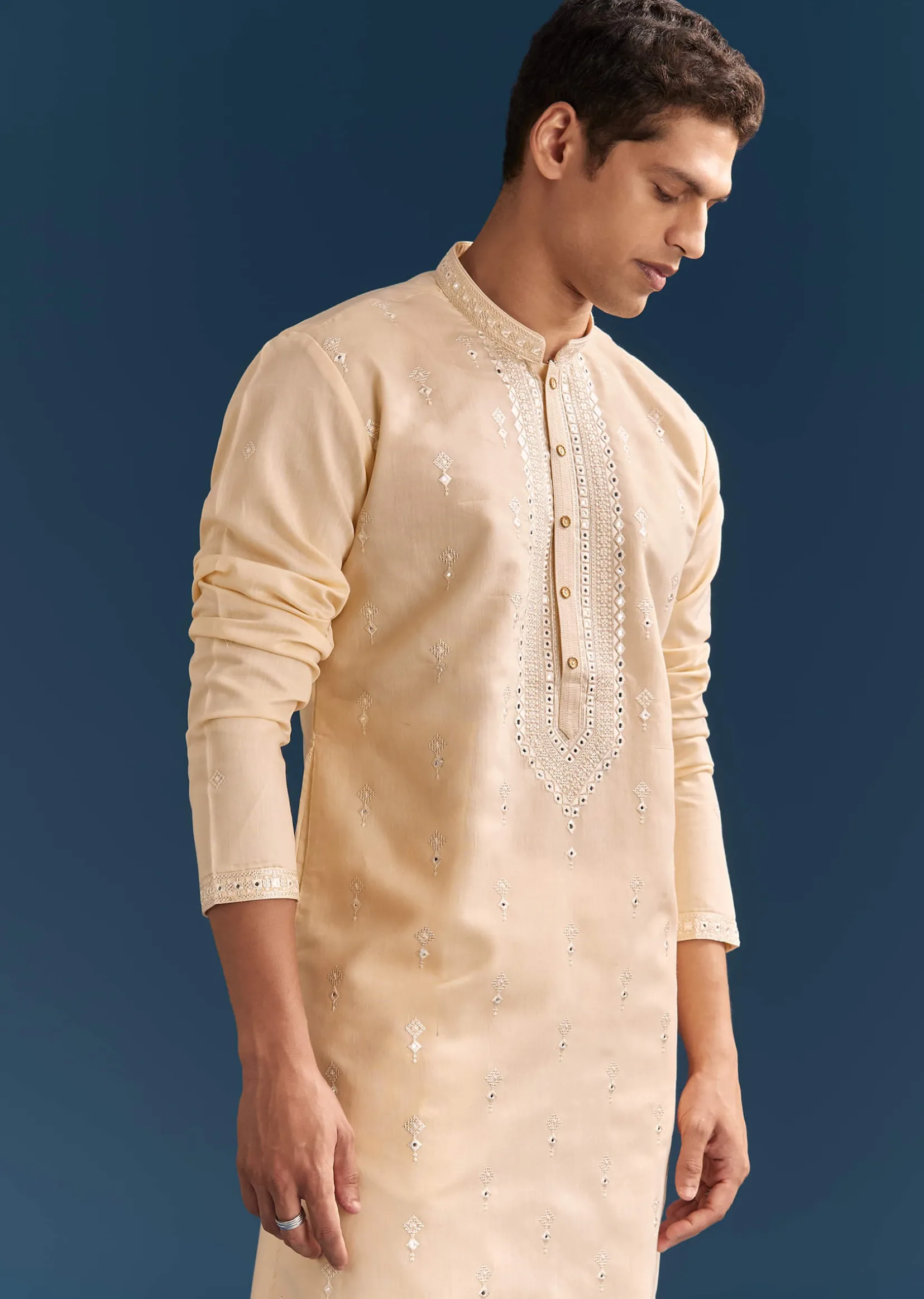 Beige Silk Kurta Set For Men With Thread And Mirror Embroidery
