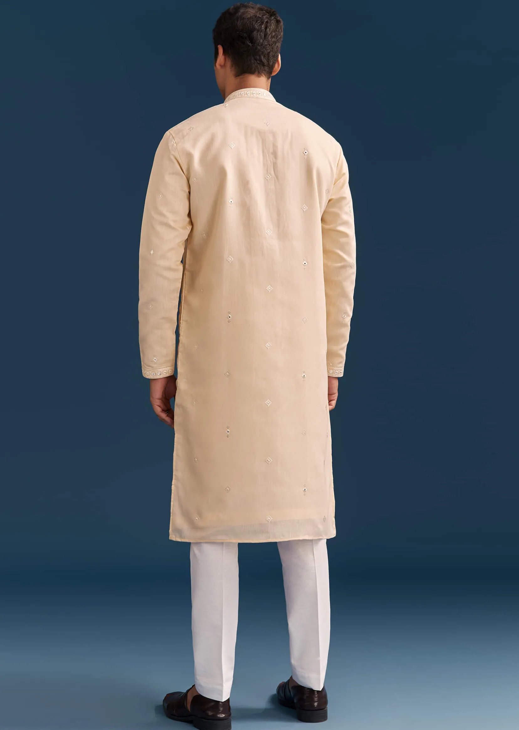 Beige Silk Kurta Set For Men With Thread And Mirror Embroidery