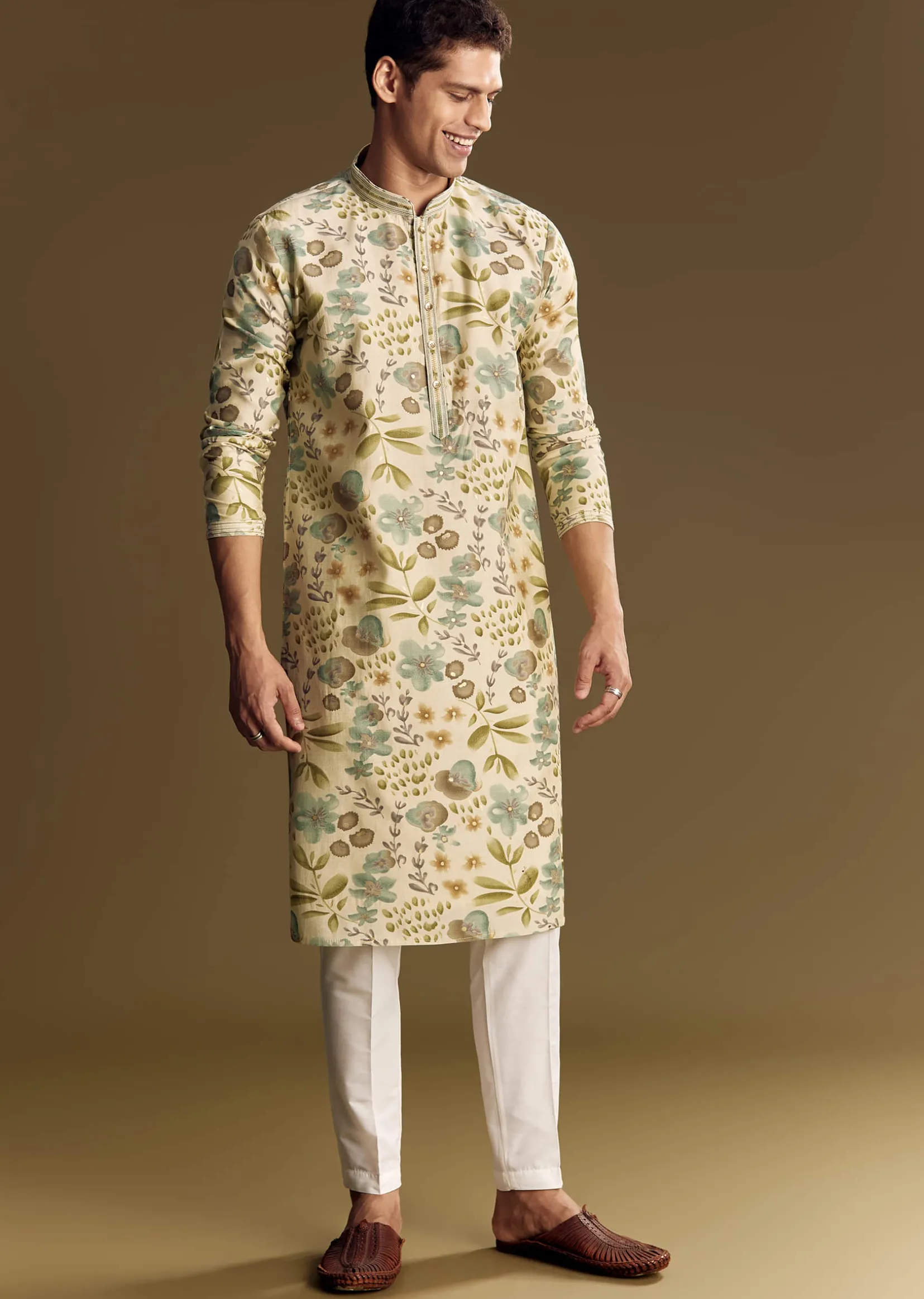 Beige Silk Kurta Set With Foil Enhanced Floral Print