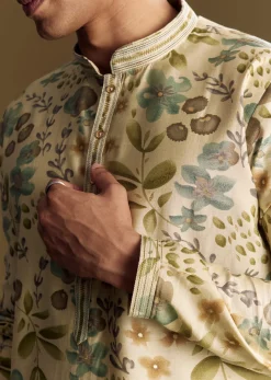 Beige Silk Kurta Set With Foil Enhanced Floral Print