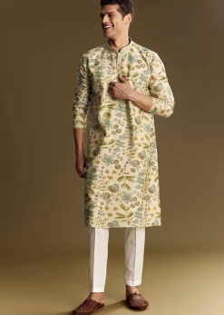 Beige Silk Kurta Set With Foil Enhanced Floral Print