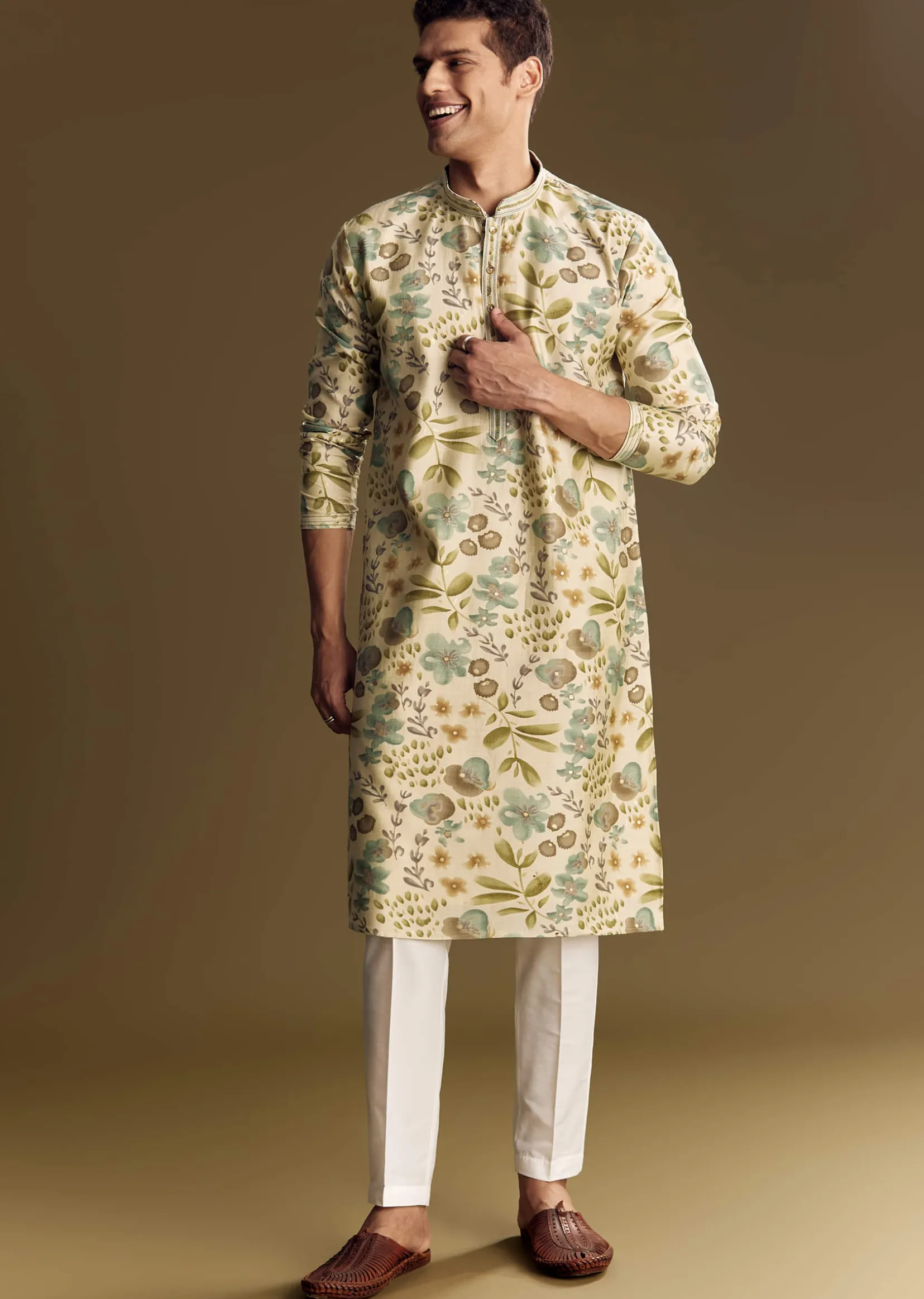 Beige Silk Kurta Set With Foil Enhanced Floral Print