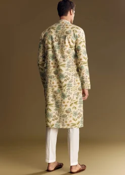 Beige Silk Kurta Set With Foil Enhanced Floral Print
