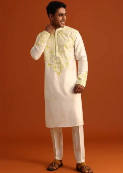 Beige Silk Kurta Set With Printed And Embroidered Work
