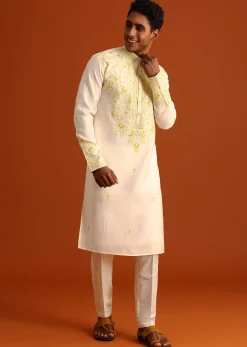 Beige Silk Kurta Set With Printed And Embroidered Work