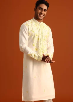 Beige Silk Kurta Set With Printed And Embroidered Work