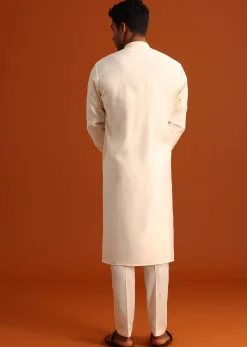 Beige Silk Kurta Set With Printed And Embroidered Work