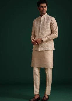 Beige Silk Kurta Set With Threadwork Jacket