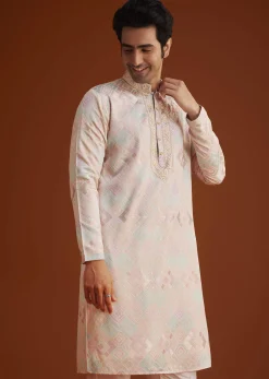 Beige Silk Kurta Set With Hand Embellishments
