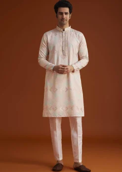 Beige Silk Kurta Set With Hand Embellishments