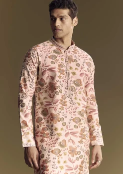 Beige Silk Kurta Set With Floral Foil Accents And Stone Detailing