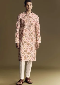 Beige Silk Kurta Set With Floral Foil Accents And Stone Detailing