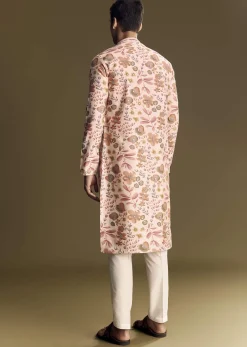 Beige Silk Kurta Set With Floral Foil Accents And Stone Detailing