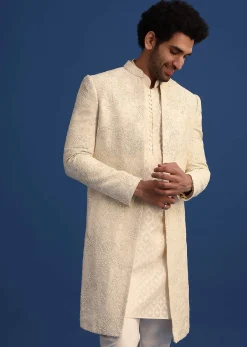 Beige Silk Sherwani And Kurta Set With Zardozi Embroidery
