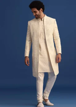 Beige Silk Sherwani And Kurta Set With Zardozi Embroidery
