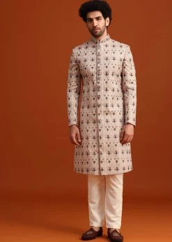 Beige Silk Sherwani Set With Resham Work
