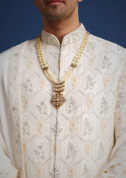 Beige Silk Sherwani Set With Mala And Dupatta