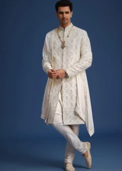 Beige Silk Sherwani Set With Mala And Dupatta
