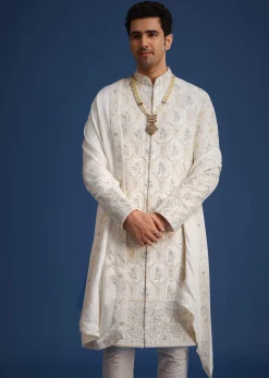 Beige Silk Sherwani Set With Mala And Dupatta