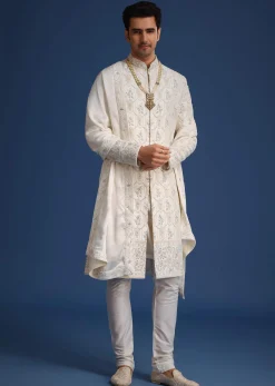 Beige Silk Sherwani Set With Mala And Dupatta