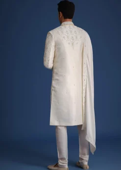 Beige Silk Sherwani Set With Mala And Dupatta