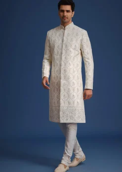 Beige Silk Sherwani Set With Mala And Dupatta