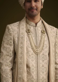 Beige Silk Sherwani Set With Zardosi Embroidery And Anarkali Kurta