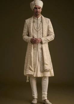 Beige Silk Sherwani Set With Zardosi Embroidery And Anarkali Kurta