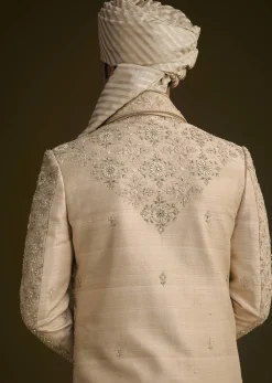 Beige Silk Sherwani Set With Zardosi Embroidery And Anarkali Kurta